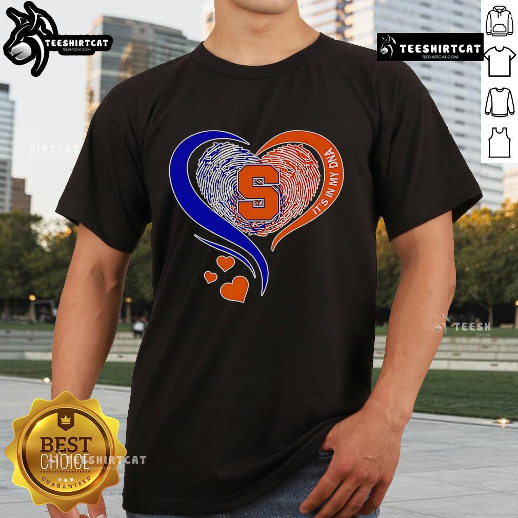 Alt Text: Premium Fingerprint Heart 'It's In My DNA' Syracuse Orange T-Shirt featuring vibrant orange color and stylish design.