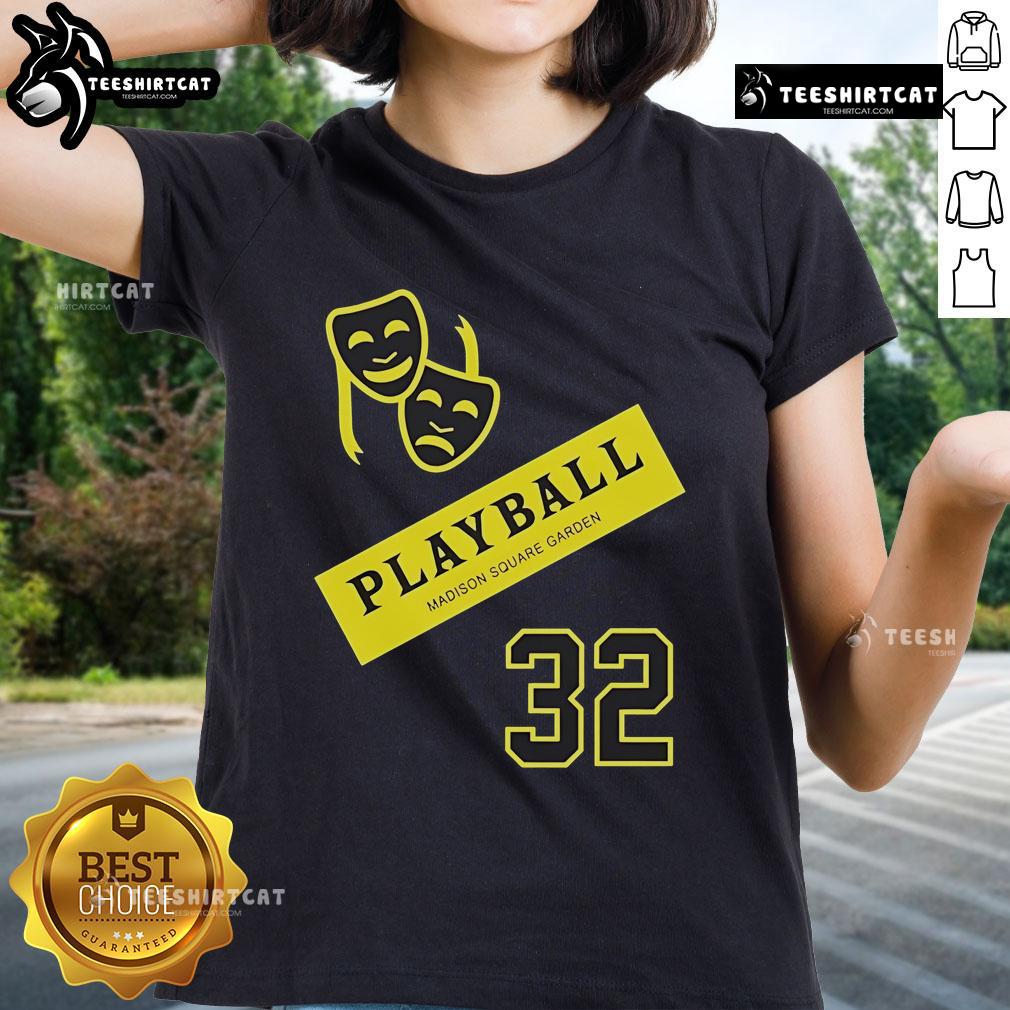 Alt Text: Premium New York Knicks Playball tee for ladies, featuring vibrant design, perfect for game day at Madison Square Garden.