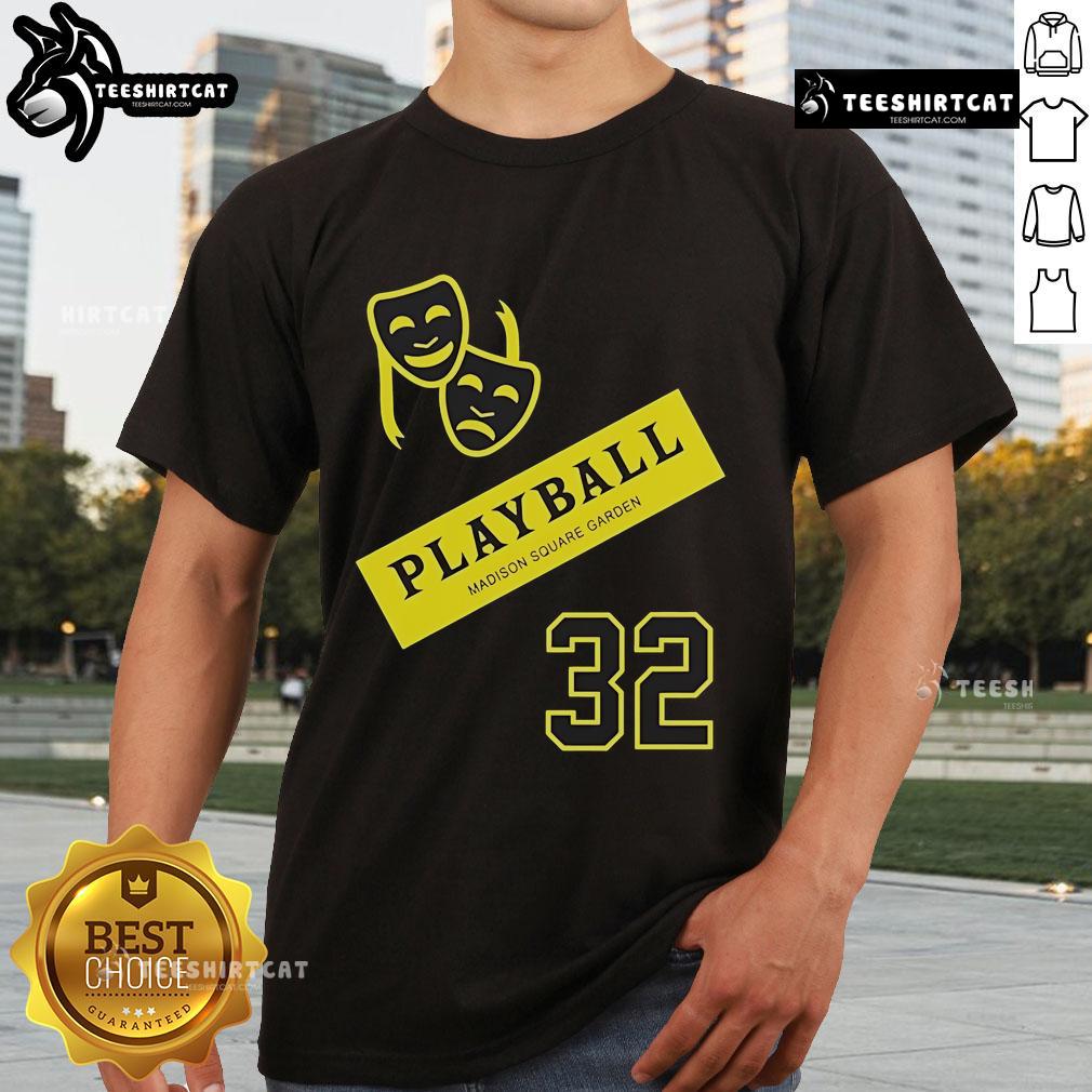 Alt Text: Premium Kat New York Knicks Playball Madison Square Garden 32 T-Shirt featuring vibrant team colors and logo.