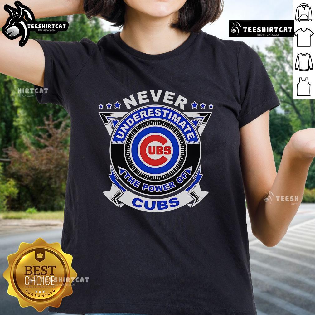 Alt Text: Premium Never Underestimate The Power Of Cubs Ladies Tee showcasing a stylish design for passionate Cubs fans.