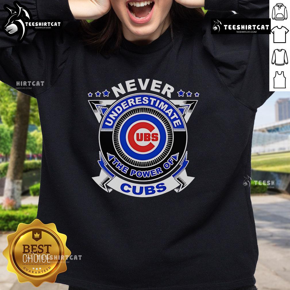 Premium Never Underestimate The Power Of Cubs Sweatshirt in navy blue, featuring a bold graphic design and comfortable fit.