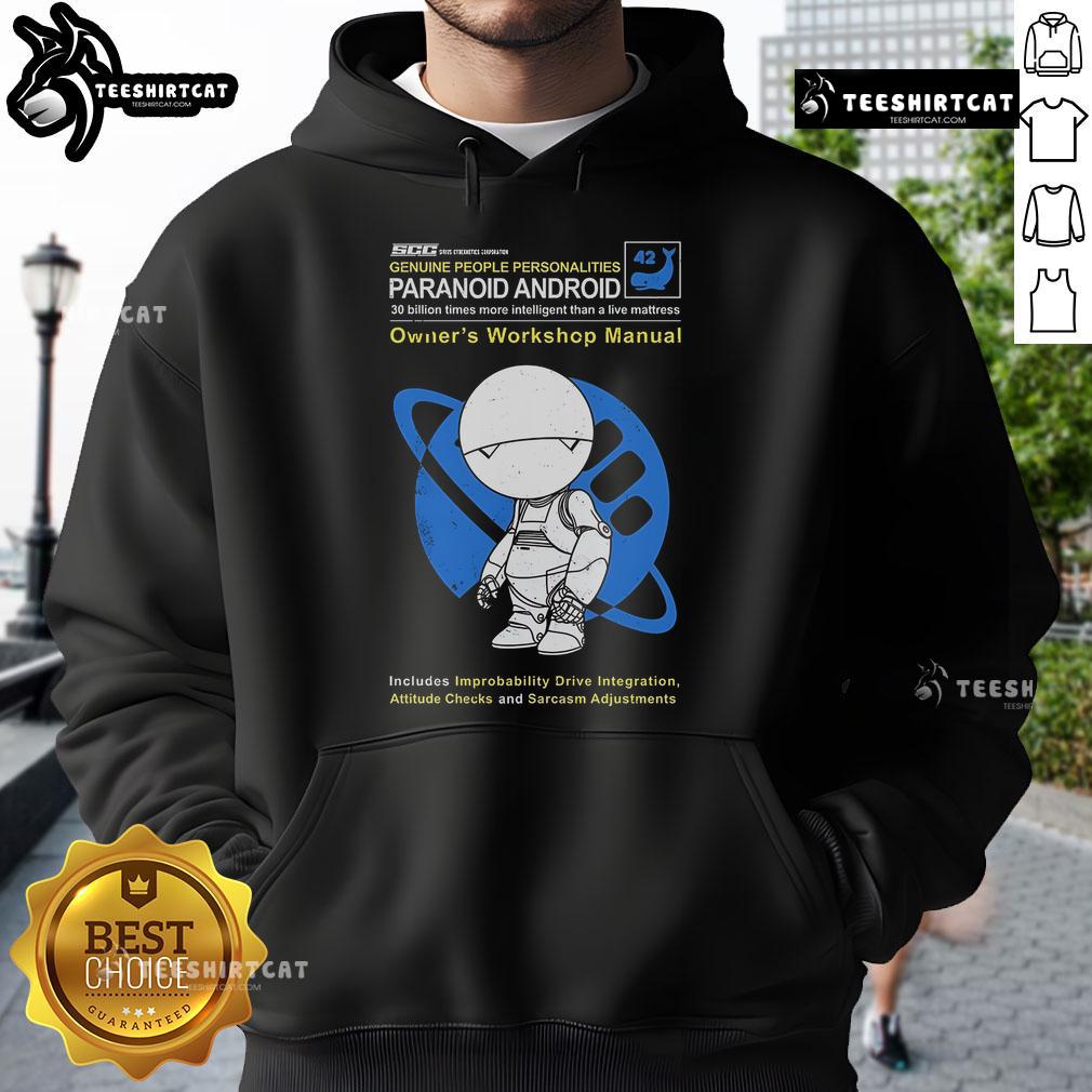 Alt Text: Premium Paranoid Android Owners Workshop Manual Hoodie featuring a stylish design for tech enthusiasts and Android fans.