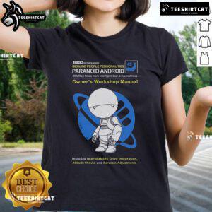 Premium Paranoid Android Owners Workshop Manual Ladies Tee featuring stylish design and comfortable fit for tech enthusiasts.
