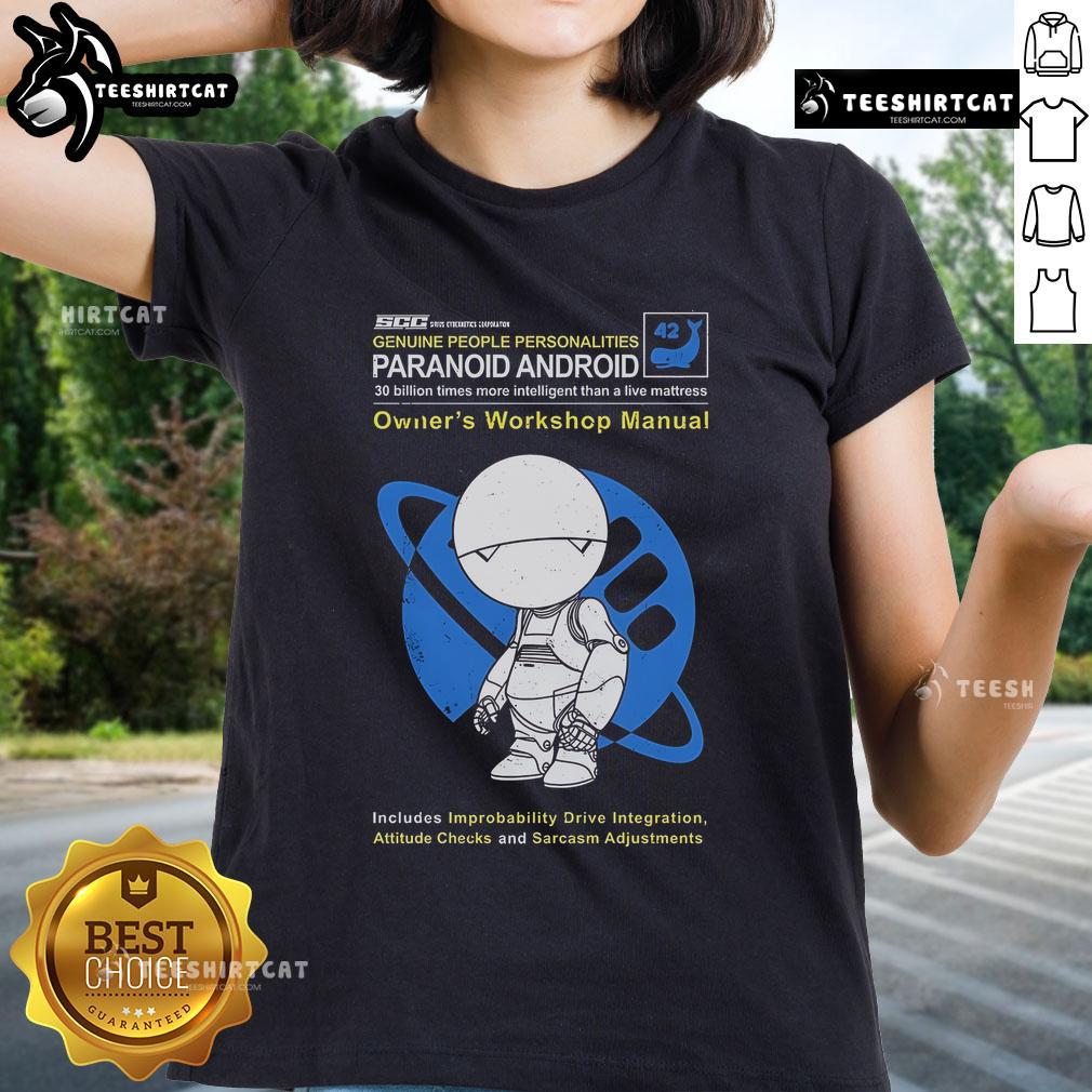 Premium Paranoid Android Owners Workshop Manual Ladies Tee featuring stylish design and comfortable fit for tech enthusiasts.