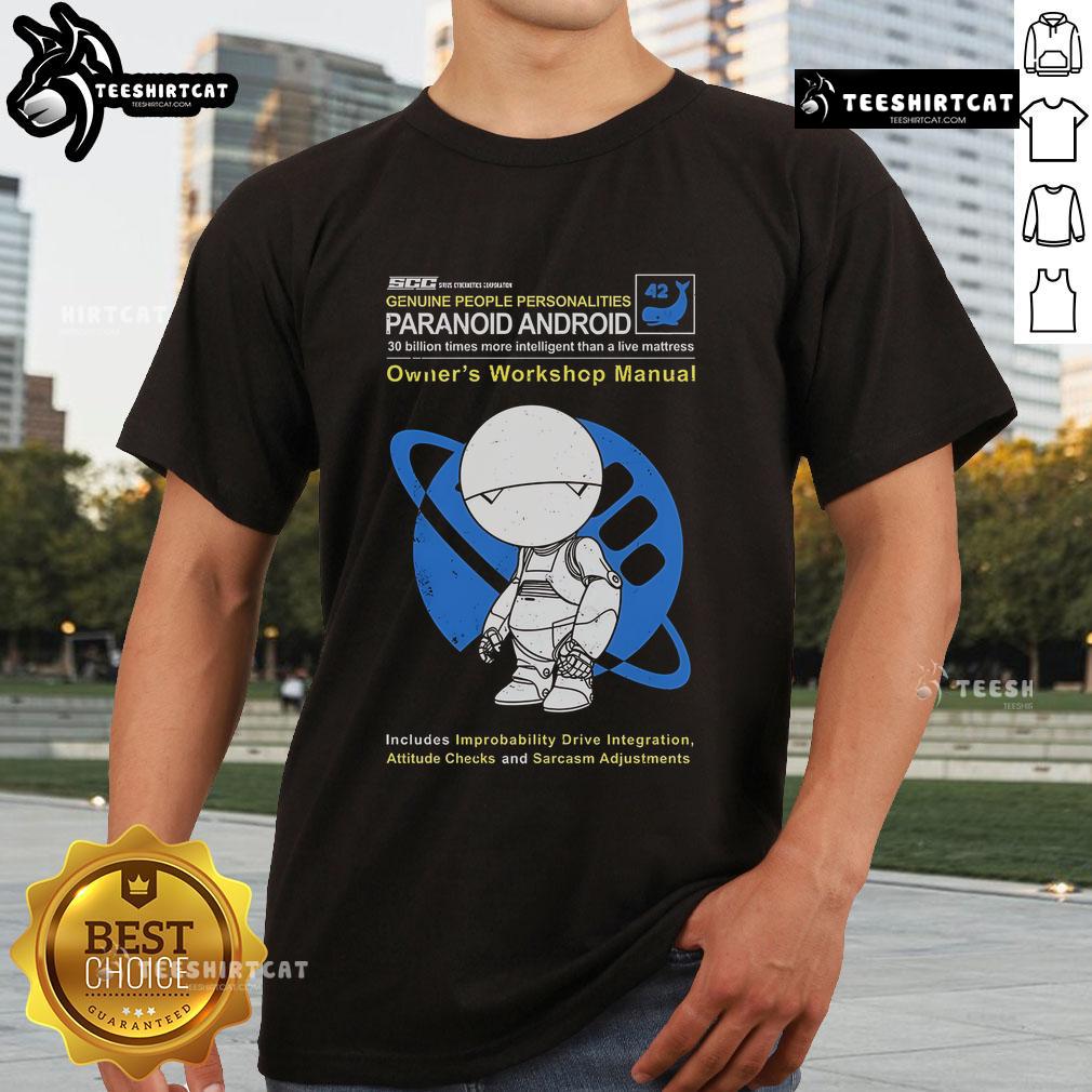 Premium Paranoid Android Owner's Workshop Manual T-Shirt featuring a stylish design for tech enthusiasts and Android fans.
