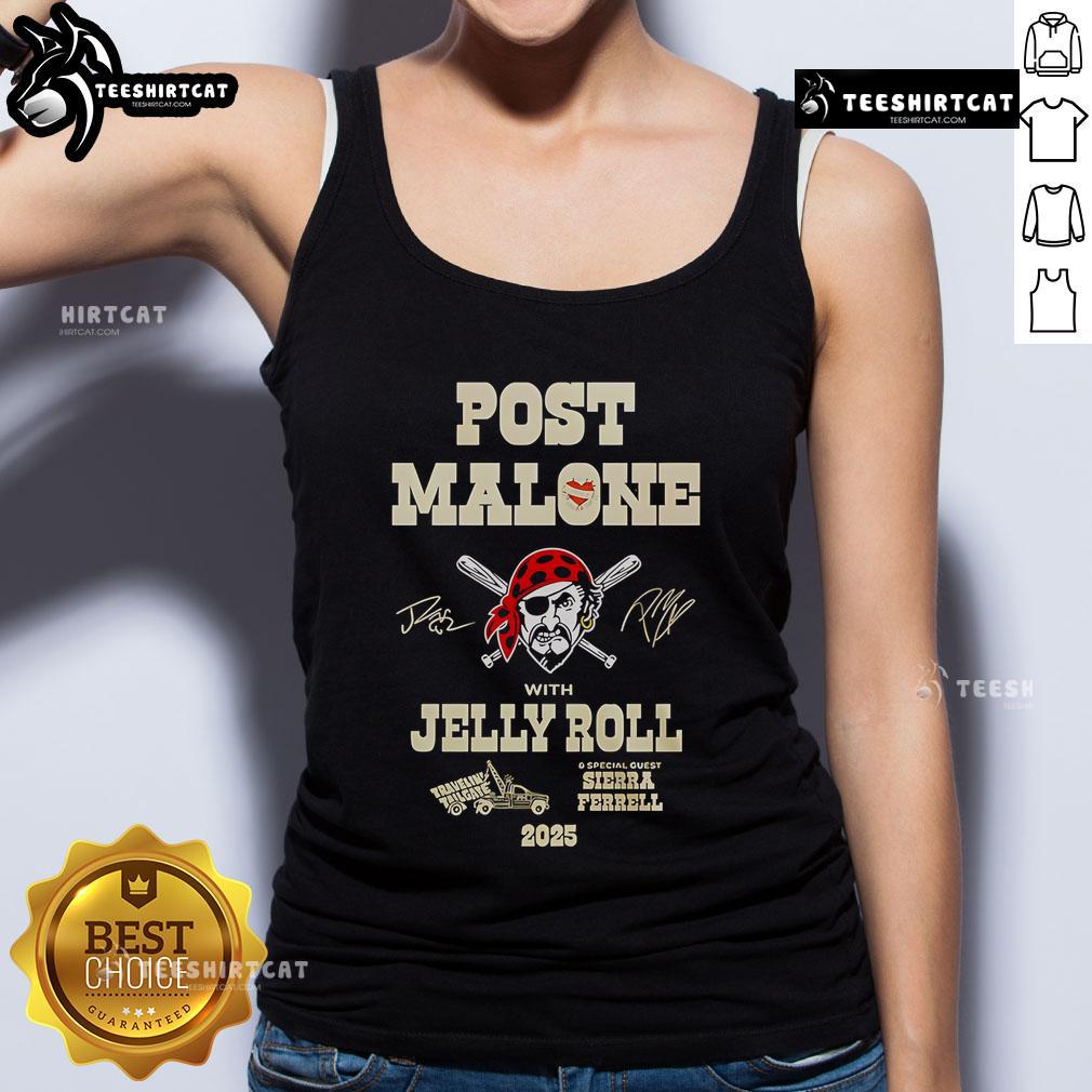 Model wearing Premium Post Malone Jelly Roll Big Ass Stadium Tour X Pittsburgh Pirates tank top at outdoor concert.