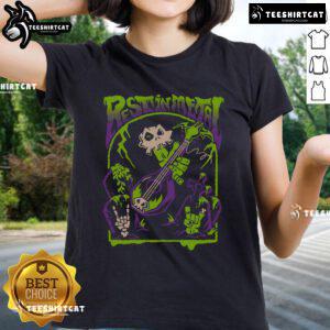 Premium Rest In Metal Skull Zombie Rock and Roll Shredfest Ladies Tee featuring a bold skull graphic and vibrant colors.