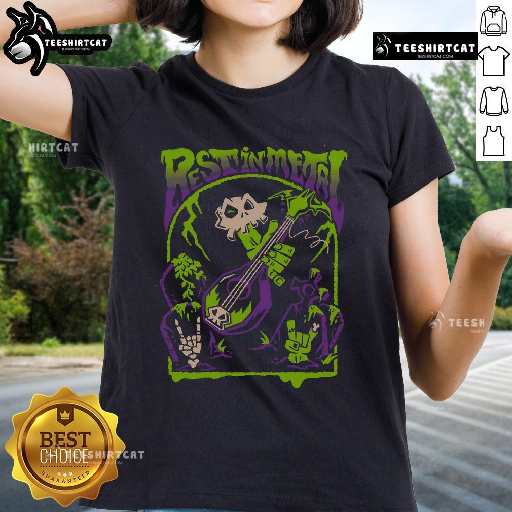 Premium Rest In Metal Skull Zombie Rock and Roll Shredfest Ladies Tee featuring a bold skull graphic and vibrant colors.