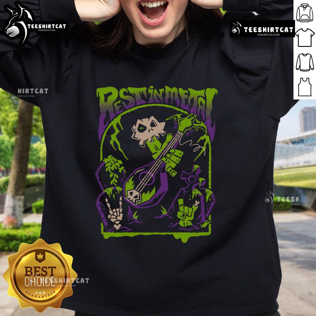 Premium Rest In Metal Skull Zombie Rock And Roll Shredfest Sweatshirt featuring a vibrant skull graphic.