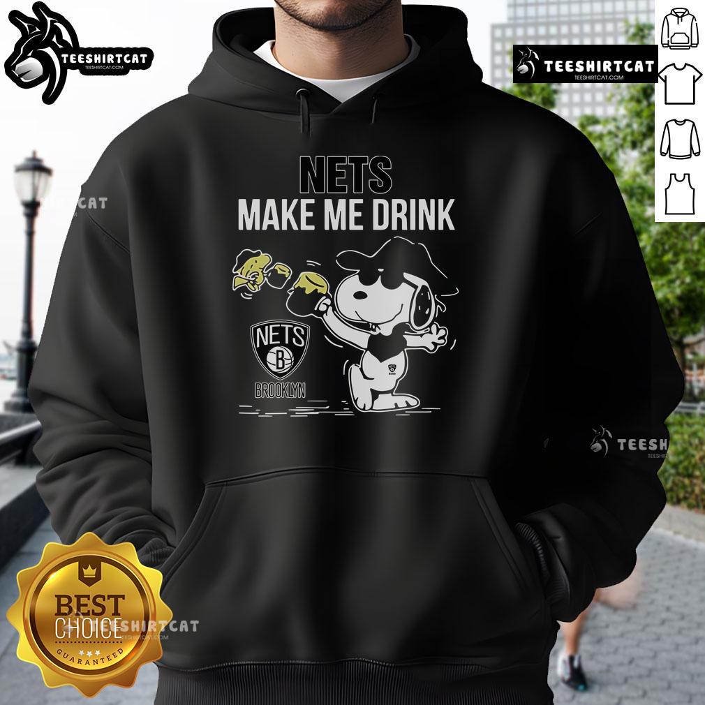 Premium Snoopy and Woodstock Brooklyn Nets Make Me Drink Hoodie featuring playful graphics and comfortable design.