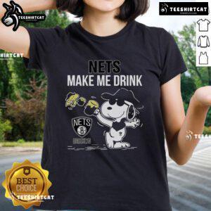 Alt Text: Premium Snoopy and Woodstock Brooklyn Nets Make Me Drink ladies tee showcasing vibrant graphics and stylish design.