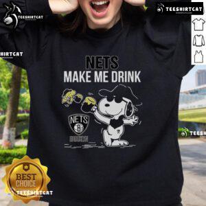 Alt Text: Premium Snoopy and Woodstock Brooklyn Nets sweatshirt featuring a fun Make Me Drink graphic design.