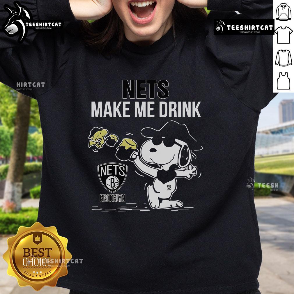 Alt Text: Premium Snoopy and Woodstock Brooklyn Nets sweatshirt featuring a fun Make Me Drink graphic design.