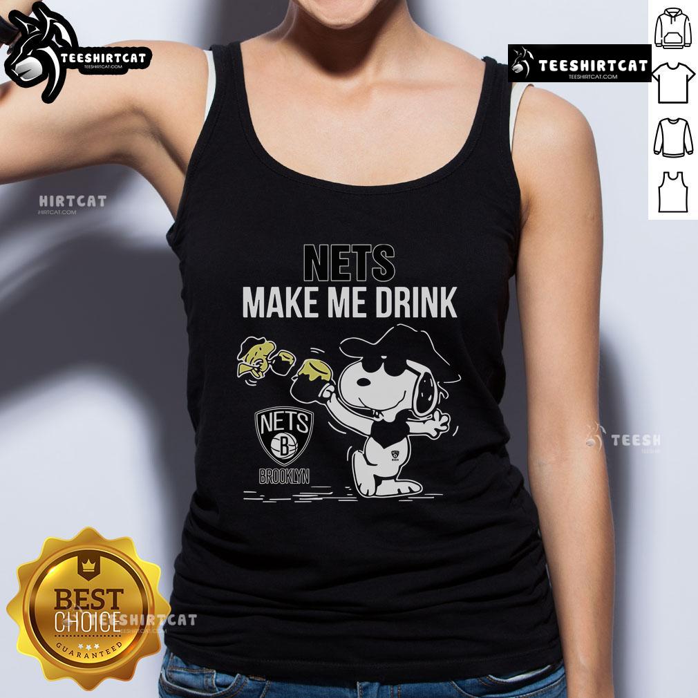 Premium Snoopy and Woodstock Brooklyn Nets Make Me Drink Tank Top, perfect for fans and summer outings.