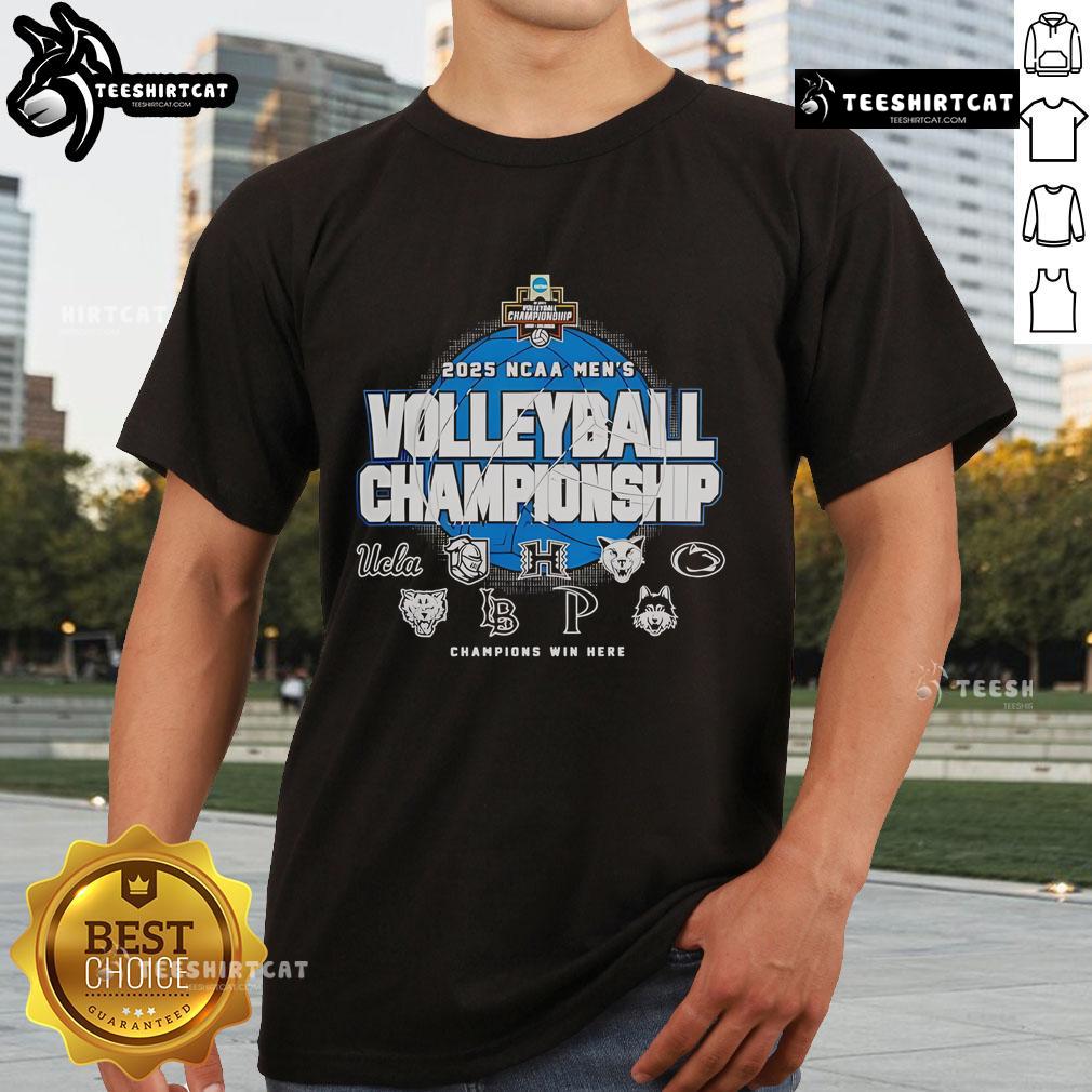 Alt Text: Top 2025 NCAA Men's Volleyball Championships opening round T-shirt featuring vibrant team colors and championship logo.