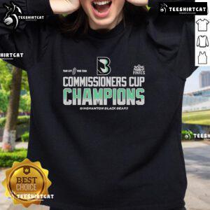 Alt Text: Binghamton Black Bears 2024-2025 Back to Back Commissioners Cup Champions sweatshirt in team colors.