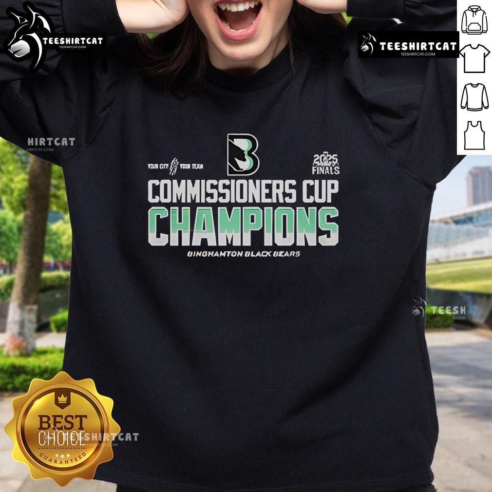 Alt Text: Binghamton Black Bears 2024-2025 Back to Back Commissioners Cup Champions sweatshirt in team colors.