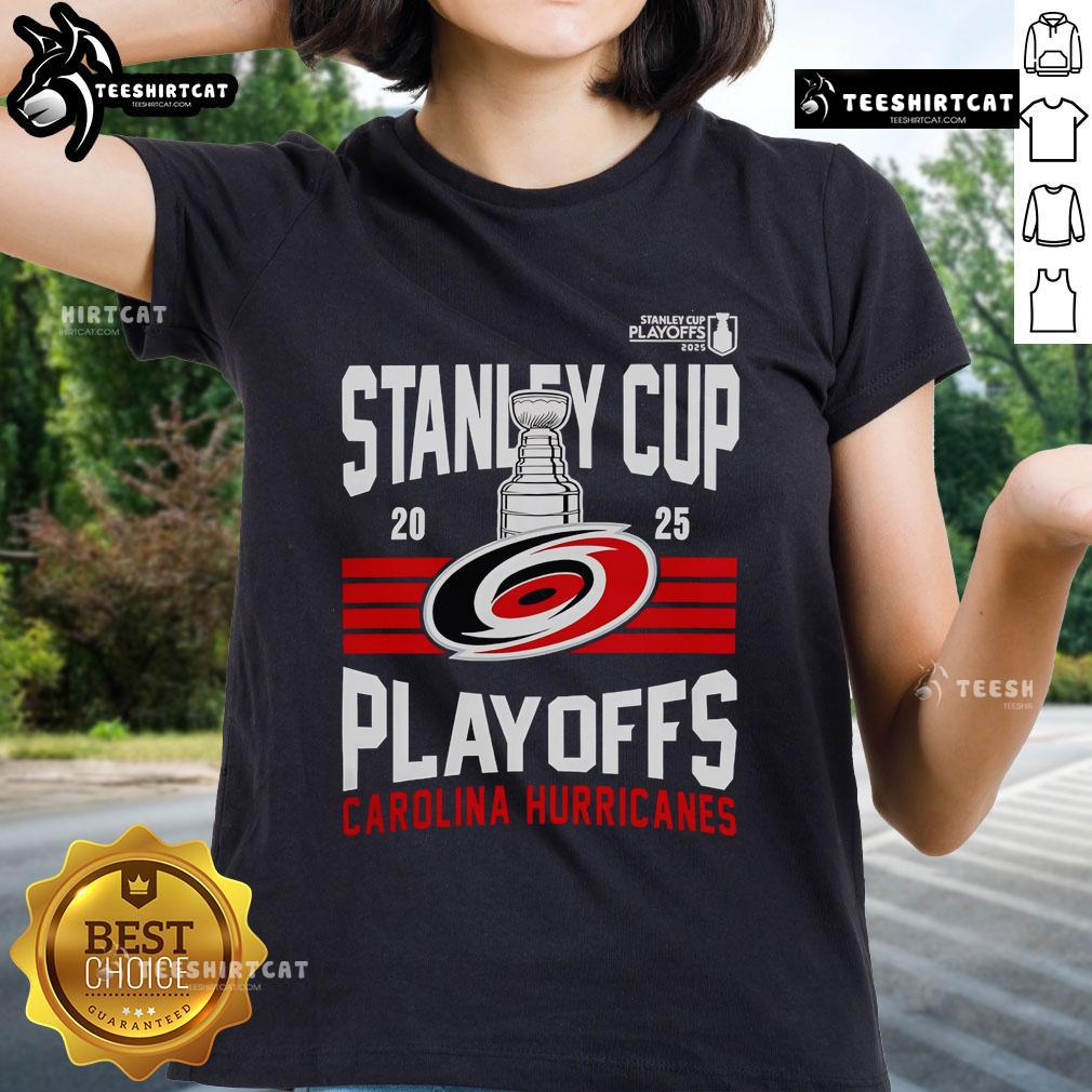 Top Carolina Hurricanes merch featuring a 2025 Stanley Cup Playoff ladies tee in red with team's logo and vibrant design.