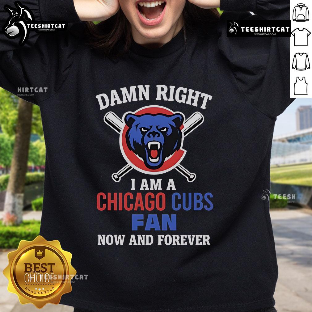 Cartoon sweatshirt featuring bold text 'Top Damn Right I Am A Chicago Cubs Fan Now And Forever' in vibrant colors.
