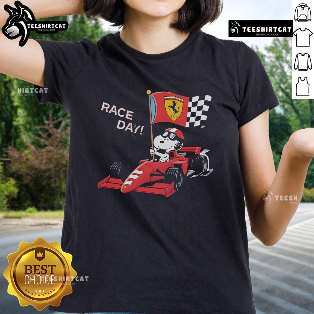 Top Ferrari Snoopy F1 Race Day Ladies Tee featuring vibrant graphics and a stylish design for racing fans.