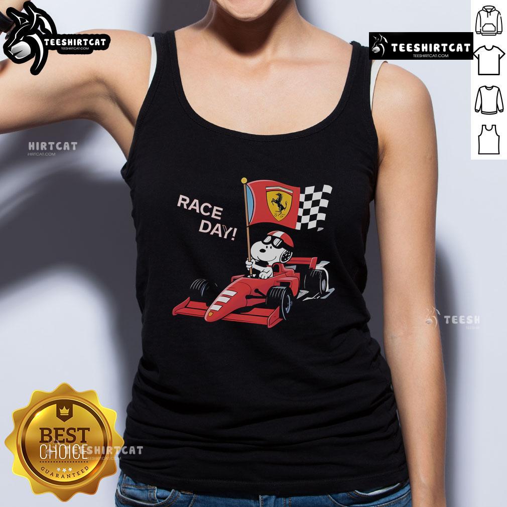 Top Ferrari Snoopy F1 Race Day tank top featuring a fun design perfect for racing fans and Snoopy lovers.