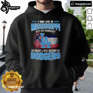 Cozy Dodgers hoodie with 'I May Live in Mississippi' graphic, perfect for game day spirit and baseball fans.