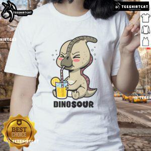 Funny dinosaur cute Parasaurolophus graphic on a lemon ladies tee, perfect for dino lovers and casual wear enthusiasts.