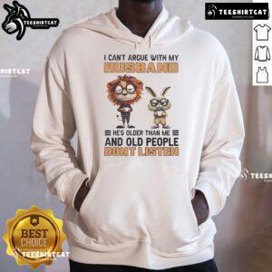 Funny lion and bunny illustration on a hoodie with the phrase about older husbands not listening. Perfect for humor lovers!