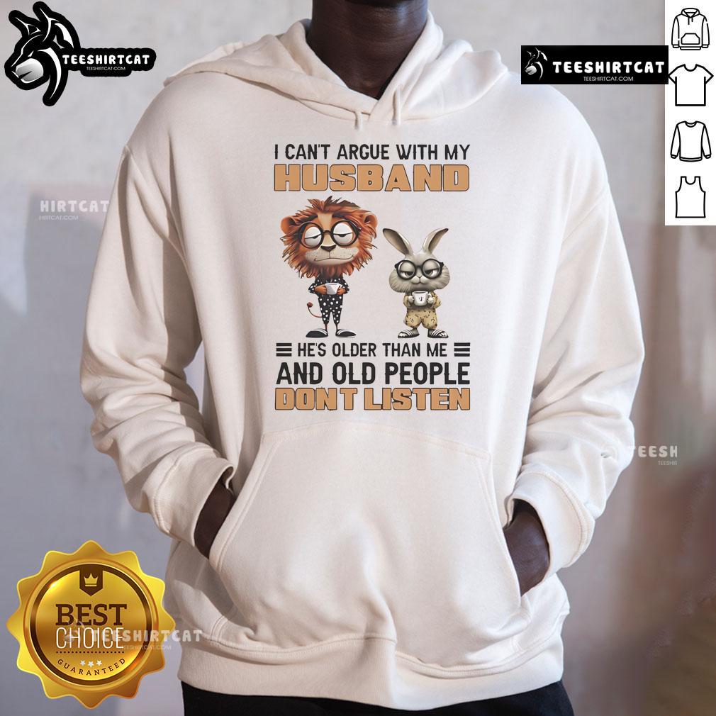 Funny lion and bunny illustration on a hoodie with the phrase about older husbands not listening. Perfect for humor lovers!