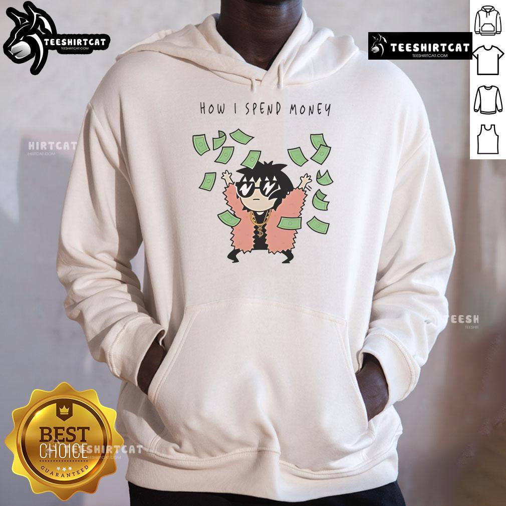 Alt Text: Funny Sarah Andersen How I Spend Money hoodie featuring a humorous illustration and stylish design for casual wear.