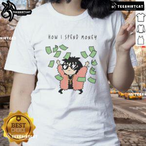 Funny Sarah Andersen tee showing a humorous take on how women spend money, perfect for casual wear and laughs.