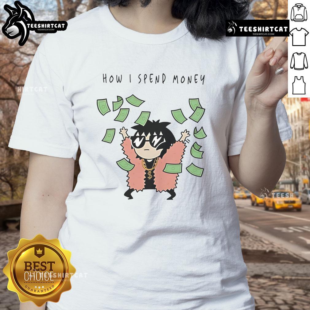 Funny Sarah Andersen tee showing a humorous take on how women spend money, perfect for casual wear and laughs.
