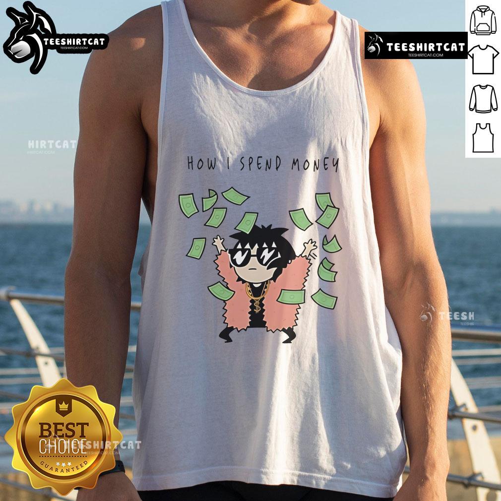 Funny Sarah Andersen tank top illustrating quirky money spending habits with humor and creativity.