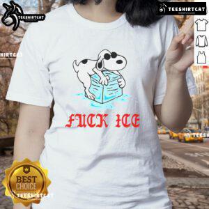 Funny Snoopy graphic on an ivory ladies tee, showcasing a playful 'Fck ICE' slogan for casual, humorous style.