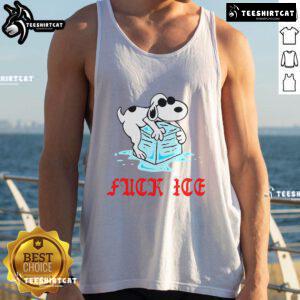 Funny Snoopy graphic on ivory tank top with 'F*ck ICE' slogan, perfect for casual summer wear and dog lovers.