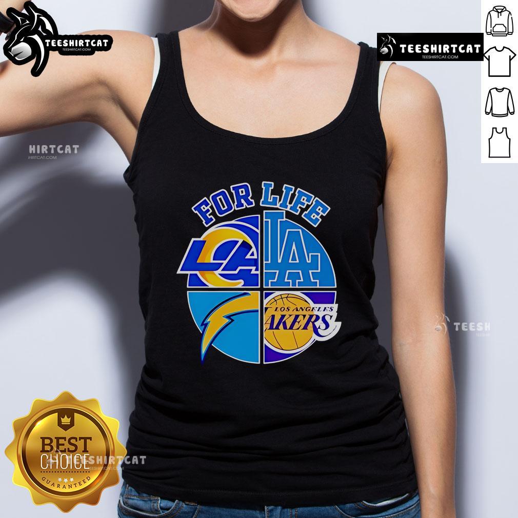 Good LA Dodgers Chargers Rams and Lakers For Life tank top design featuring team logos and vibrant colors.