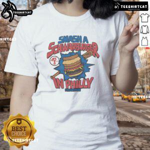 Good MLB X Flavortown Philadelphia Phillies Smash A Schwarburger Ladies Tee featuring vibrant team colors and logo.