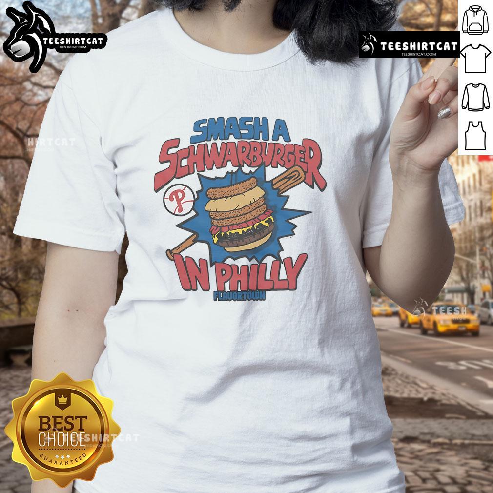 Good MLB X Flavortown Philadelphia Phillies Smash A Schwarburger Ladies Tee featuring vibrant team colors and logo.