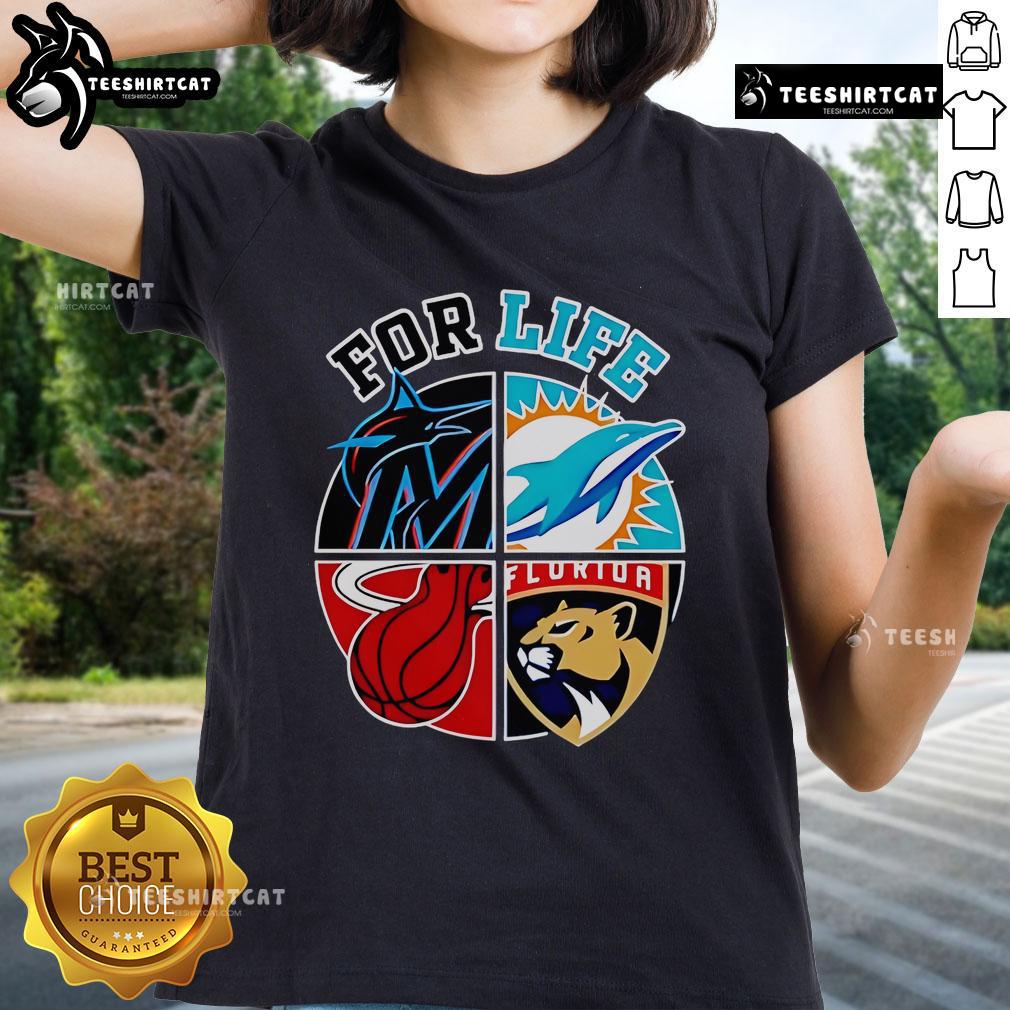 Good Miami Dolphins Marlins Heat and Panthers for Life ladies tee featuring vibrant team logos and stylish design.