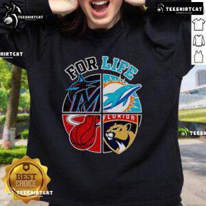 Good Miami Dolphins, Marlins, Heat, and Panthers For Life sweatshirt showcasing team spirit and vibrant colors.