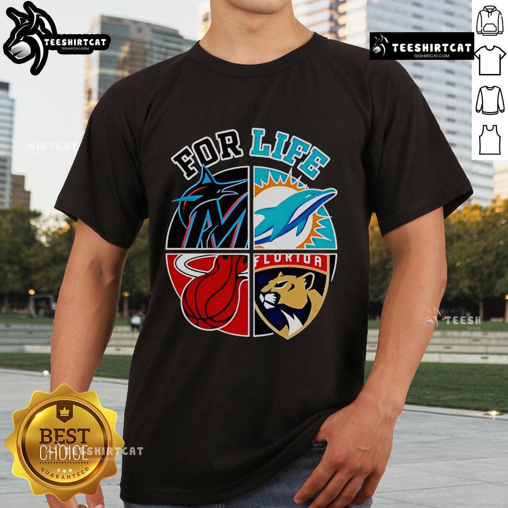 Good Miami Dolphins Marlins Heat and Panthers for Life T-Shirt featuring team logos and vibrant colors for sports fans.