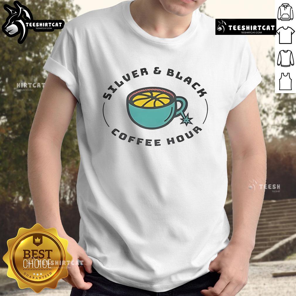 Alt Text: Good Silver and Black Coffee Hour T-Shirt featuring a stylish design perfect for coffee lovers and casual wear.
