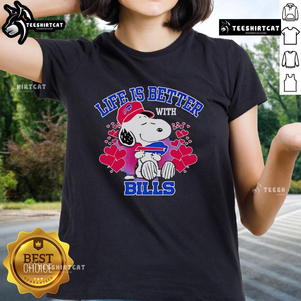 Alt Text: Good Snoopy Life is Better with Bills ladies tee featuring Snoopy graphic and stylish design for casual wear.
