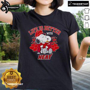 Good Snoopy Life is Better with Miami Heat Ladies Tee featuring a playful design perfect for Miami basketball fans.