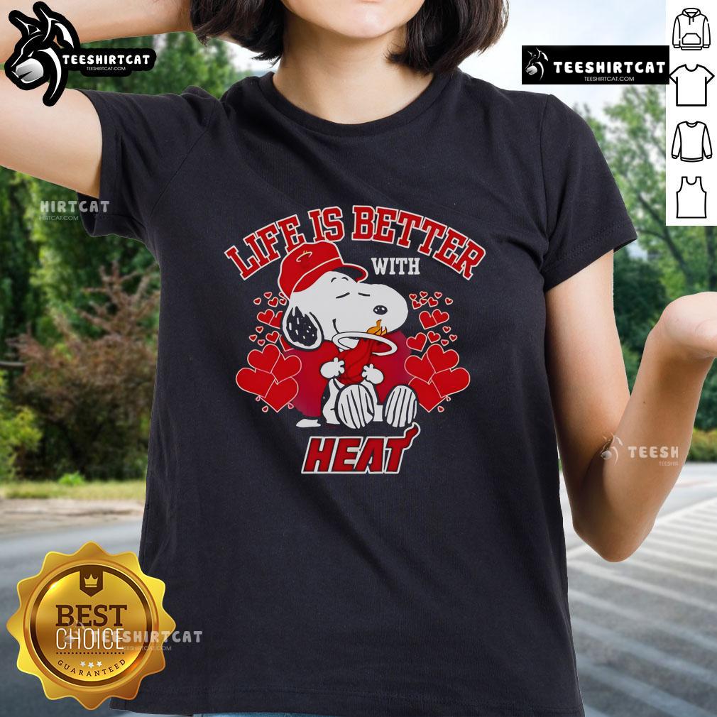 Good Snoopy Life is Better with Miami Heat Ladies Tee featuring a playful design perfect for Miami basketball fans.