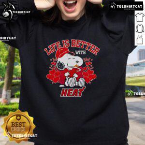 Cozy Good Snoopy Life Is Better sweatshirt featuring Miami Heat design, perfect for basketball fans and casual wear.