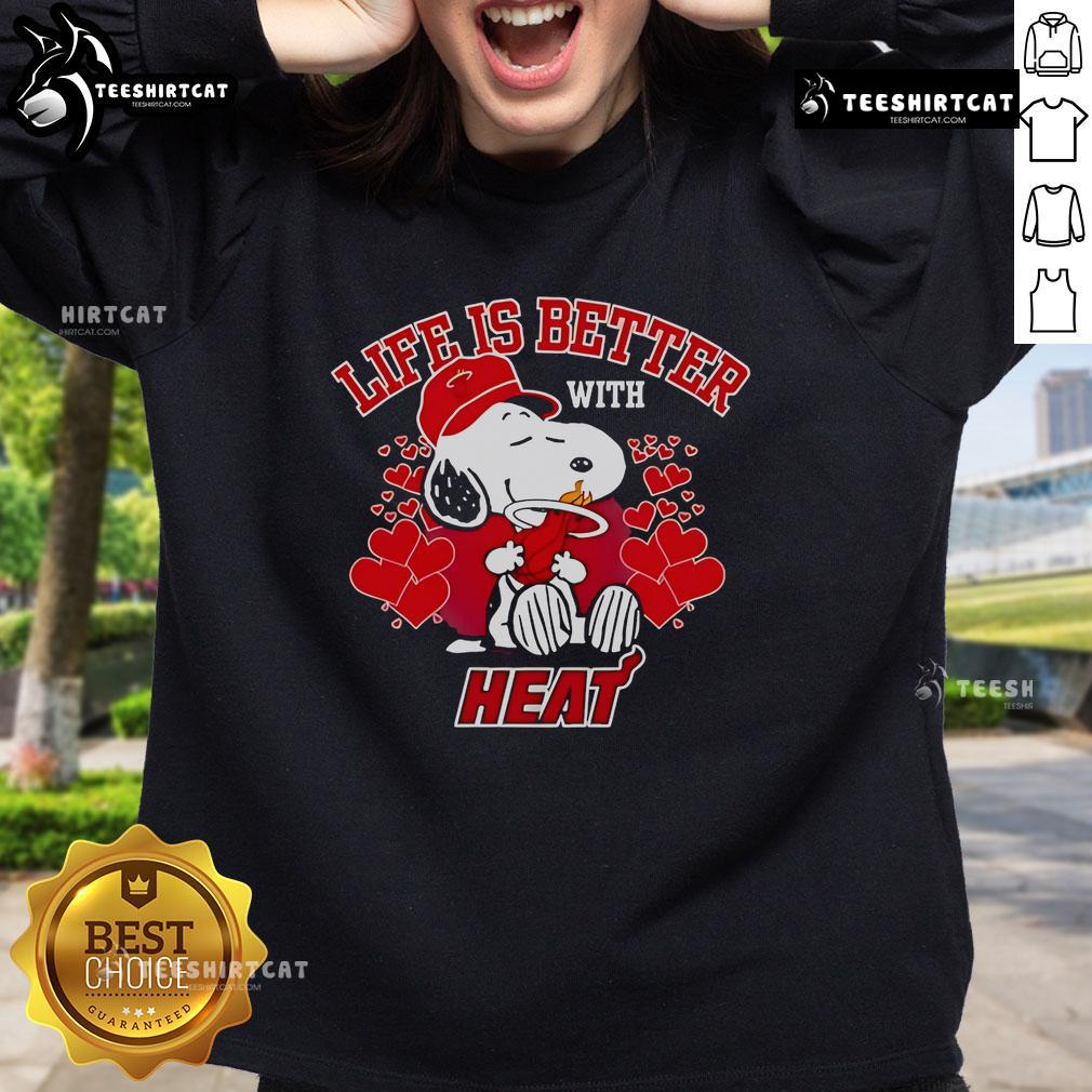 Cozy Good Snoopy Life Is Better sweatshirt featuring Miami Heat design, perfect for basketball fans and casual wear.