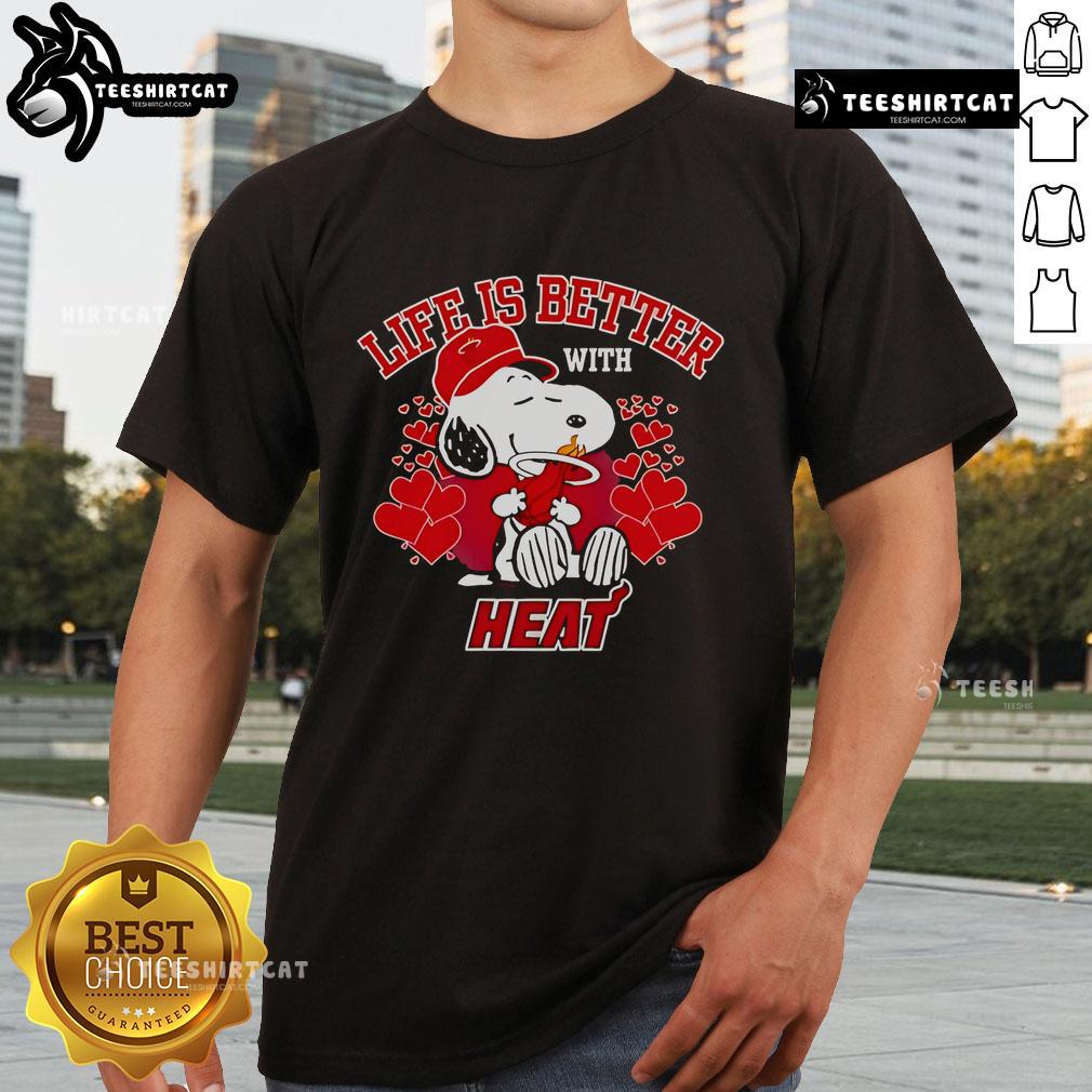 Alt Text: Good Snoopy Life Is Better With Miami Heat T-Shirt featuring Snoopy graphic, perfect for Miami Heat fans and casual wear.
