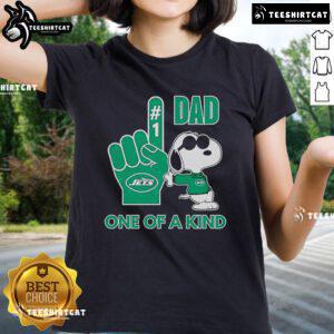Happy Snoopy in New York Jets gear on a unique ladies tee, perfect for NFL fans and collectors.