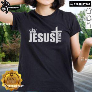 Nice Jesus Is King simple crown logo on a ladies tee shirt, perfect for faith-inspired fashion.